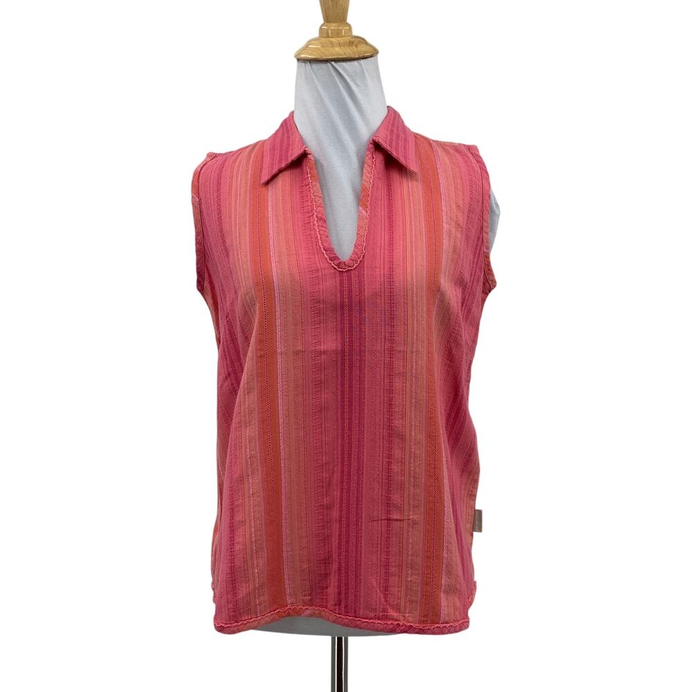 Woolrich Shirt Womens Small Watermelon Cotton Striped Sleeveless V Neck Collared